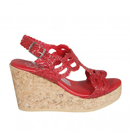 Woman's sandal in red braided leather with platform and wedge heel 9 - Available sizes:  42, 43, 44