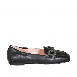 Woman's loafer with squared tip and accessory in black leather heel 1 - Available sizes:  32, 33