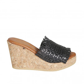 Woman's mules in black braided leather with platform and wedge heel 9 - Available sizes:  33, 34, 42, 43, 44, 45