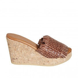 Woman's mules in cognac brown braided leather with platform and wedge heel 9 - Available sizes:  33, 34, 42, 44, 45