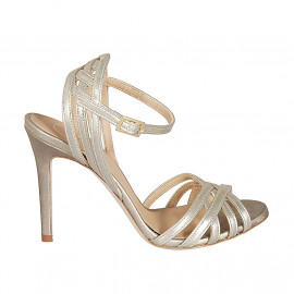 Woman's sandal with ankle strap in platinum laminated leather heel 10 - Available sizes:  42, 43, 45, 46