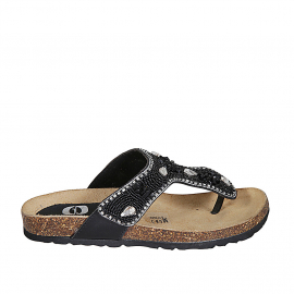 Sabot infradito da donna in pelle nera con velcro, perline e strass zeppa 2 - Misure disponibili: 32, 33, 42, 43