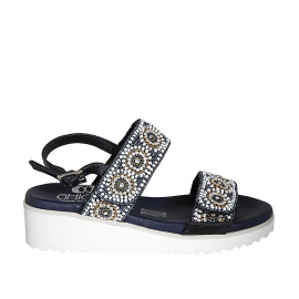 Woman's sandal in blue leather with adjustable velcro straps, beads and rhinestones wedge heel 4 - Available sizes:  32