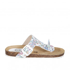 Chanclas de dedo para mujer en piel blanca imprimida multicolor con hebilla cuña 2 - Tallas disponibles:  32, 33, 34, 42, 43, 44