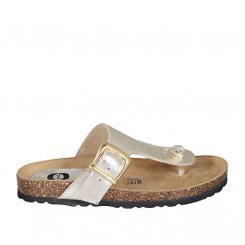 Woman's thong mules in platinum laminated leather with buckle wedge heel 2 - Available sizes:  33, 42