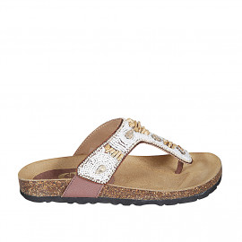 Woman's thong mule in brown leather with velcro strap, white beads and rhinestones wedge heel 2 - Available sizes:  43