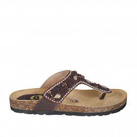 Woman's thong mule in dark brown leather with velcro strap, beads and rhinestones wedge heel 2 - Available sizes:  32, 33, 42, 45