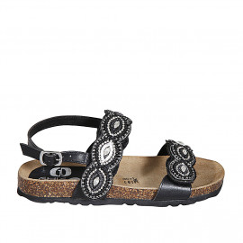 Woman's sandal in black leather with velcro straps, beads and rhinestones wedge heel 2 - Available sizes:  32, 34, 43