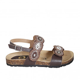 Woman's sandal in brown leather with velcro straps, beads and rhinestones wedge heel 2 - Available sizes:  32, 33, 34, 42, 43