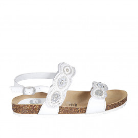 Woman's sandal in white leather with velcro straps, beads and rhinestones wedge heel 2 - Available sizes:  32, 34