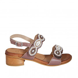 Sandale pour femmes en cuir marron avec fermetures velcro et perles avec talon 4 - Pointures disponibles:  42