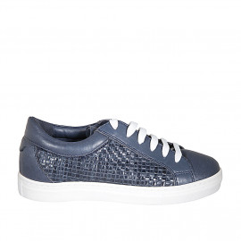 Zapato para mujer con cordones y plantilla extraible en piel y piel trensada azul cuña 3 - Tallas disponibles:  43