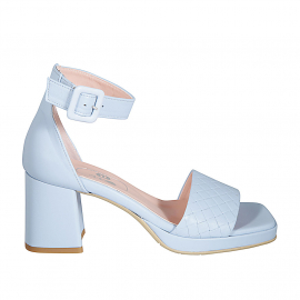 Woman's open shoe with strap and platform in printed light blue leather heel 7 - Available sizes:  44, 45