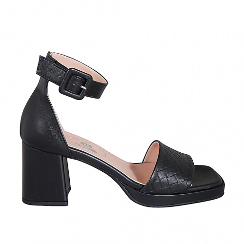 Woman's open shoe with strap and platform in printed black leather heel 7 - Available sizes:  43