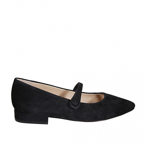Woman's pointy toe pump shoe with strap in black suede and heel 2 - Available sizes:  32, 33, 34, 42, 43, 44, 45