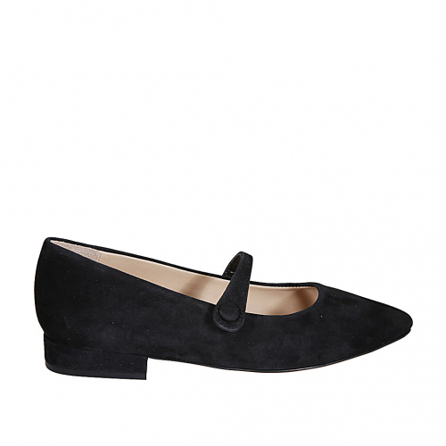 Zapato Mary Jane a punta para mujer en gamuza de color negro con tacon 2 - Tallas disponibles:  32, 42, 43, 44