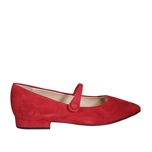 Woman's pointy toe pump shoe with strap in red suede and heel 2 - Available sizes:  32, 33, 34, 42, 43, 44, 45