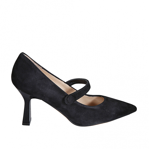 Woman's pointy Mary Jane pump in black suede with strap heel 8 - Available sizes:  33, 34, 42, 43, 44, 45