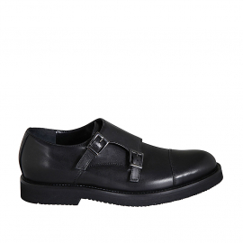 Man's elegant shoe with buckles and captoe in black leather - Available sizes:  37, 38, 46, 47, 48, 50, 51