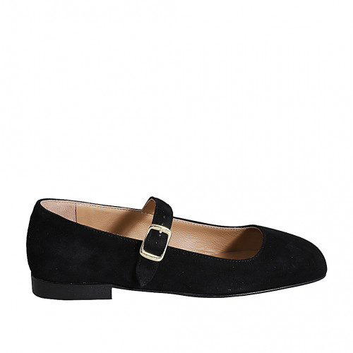 Zapato Bailarina Mary Jane para mujer en gamuza negra con cinturon tacon 1 - Tallas disponibles:  33, 34, 42, 43, 44