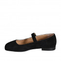 Zapato Bailarina Mary Jane para mujer en gamuza negra con cinturon tacon 1 - Tallas disponibles:  33, 34, 42, 43, 44