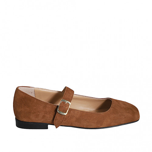 Woman's Mary Jane ballerina in cognac brown suede with strap heel 1 - Available sizes:  42, 43, 44