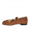 Woman's Mary Jane ballerina in cognac brown suede with strap heel 1 - Available sizes:  42, 43, 44