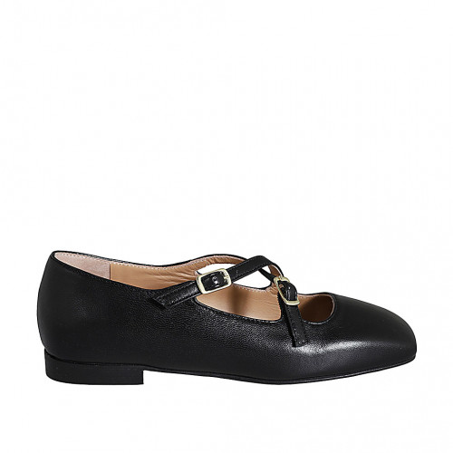 Woman's Mary Jane balleirna with squared tip and straps in black leather heel 1 - Available sizes:  33, 34, 42, 43, 44, 45