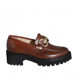 Woman's loafer in cognac brown leather with accessory heel 5 - Available sizes:  42, 43, 44, 45