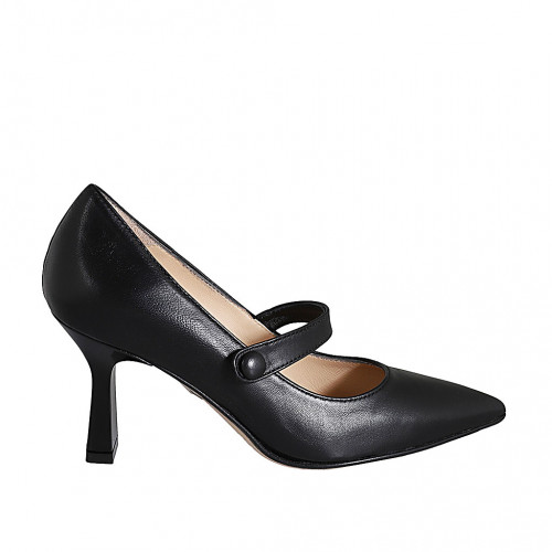 Woman's pointy Mary Jane with strap in black leather heel 8 - Available sizes:  42, 43, 44