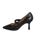 Woman's Mary Jane pointy pump with strap in black leather heel 8 - Available sizes:  42, 43, 44