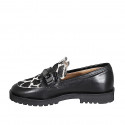 Woman's loafer shoe with accessory in black and spotted leather heel 3 - Available sizes:  32, 33, 34, 35, 42, 43, 44, 45, 46