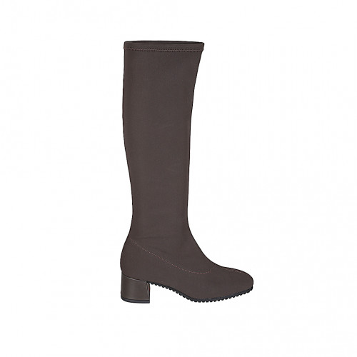 Woman's boot in brown elastic fabric heel 5 - Available sizes:  33, 34, 35, 42, 43, 44