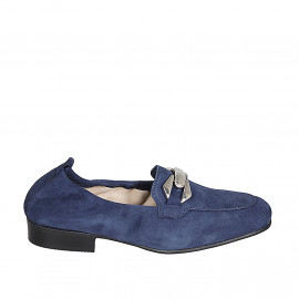 Woman's mocassin in blue suede with accessory and elastic bands heel 2 - Available sizes:  33, 34, 43, 44, 45