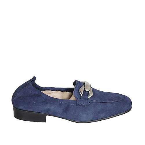 Mocasín para mujer en gamuza azul con accesorio y elastico tacon 2 - Tallas disponibles:  33, 34, 43, 44, 45