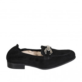 Woman's mocassin in black suede with accessory and elastic band heel 2 - Available sizes:  33, 34, 44, 45