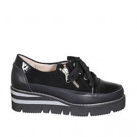 Zapato con cordones y cremallera en piel, gamuza y charol negro cuña 4 - Tallas disponibles:  43, 45, 46