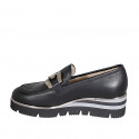 Woman's mocassin with accessory in black leather wedge heel 4 - Available sizes:  32, 33, 34, 42, 43, 44, 45, 46