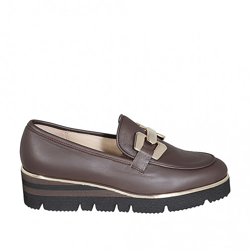 Woman's mocassin in brown leather with accessory wedge heel 4 - Available sizes:  33, 34, 42, 43, 44, 45, 46