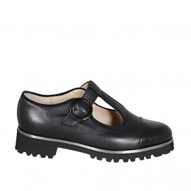 Chaussure fermée pour femmes avec courroie en T avec boucle et bout droit en cuir noir talon 3 - Pointures disponibles:  33