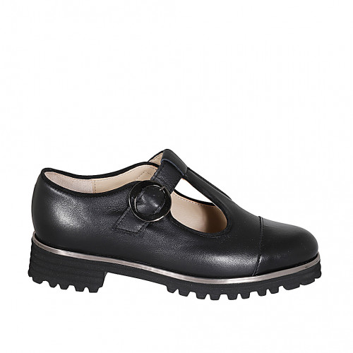 Zapato para mujer con cinturon charleston con hebilla y puntera en piel negra tacon 3 - Tallas disponibles:  33, 34, 42, 43, 44, 45, 46