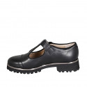 Woman's highfronted shoe with buckle T-strap and captoe in black leather heel 3 - Available sizes:  33