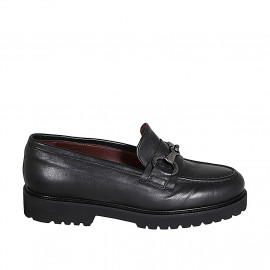 Mocassin pour femmes avec semelle amovible et accessoire en cuir noir talon 3 - Pointures disponibles:  32, 33, 34, 44, 46