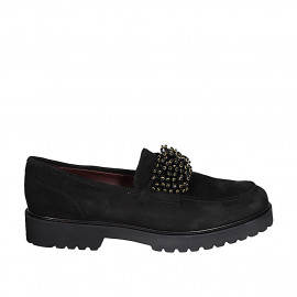 Mocasín para mujer con accesorio con perlas y plantilla extraible en gamuza negra tacon 3 - Tallas disponibles:  44