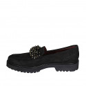 Woman's mocassin with pearly accessory and removable insole in black suede heel 3 - Available sizes:  42, 43, 44, 45, 46