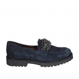 Woman's mocassin with pearly accessory and removable insole in blue suede heel 3 - Available sizes:  46