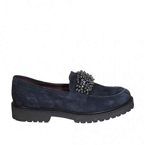 Mocasín para mujer con accesorio con perlas y plantilla extraible en gamuza azul tacon 3 - Tallas disponibles:  46