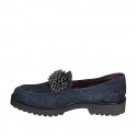 Mocasín para mujer con accesorio con perlas y plantilla extraible en gamuza azul tacon 3 - Tallas disponibles:  46