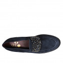 Woman's mocassin with pearly accessory and removable insole in blue suede heel 3 - Available sizes:  46