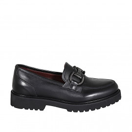 Woman's mocassin with accessory and removable insole in black leather with heel 3 - Available sizes:  32, 46